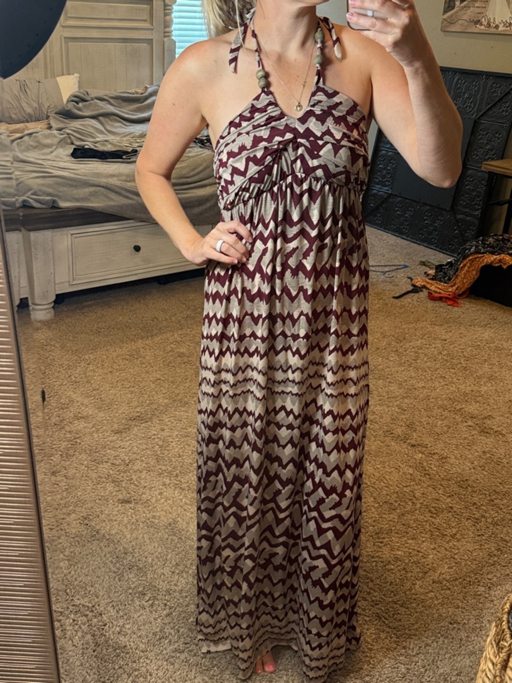 Women's Halter Chevron Maxi Dress in Burgundy and Cream